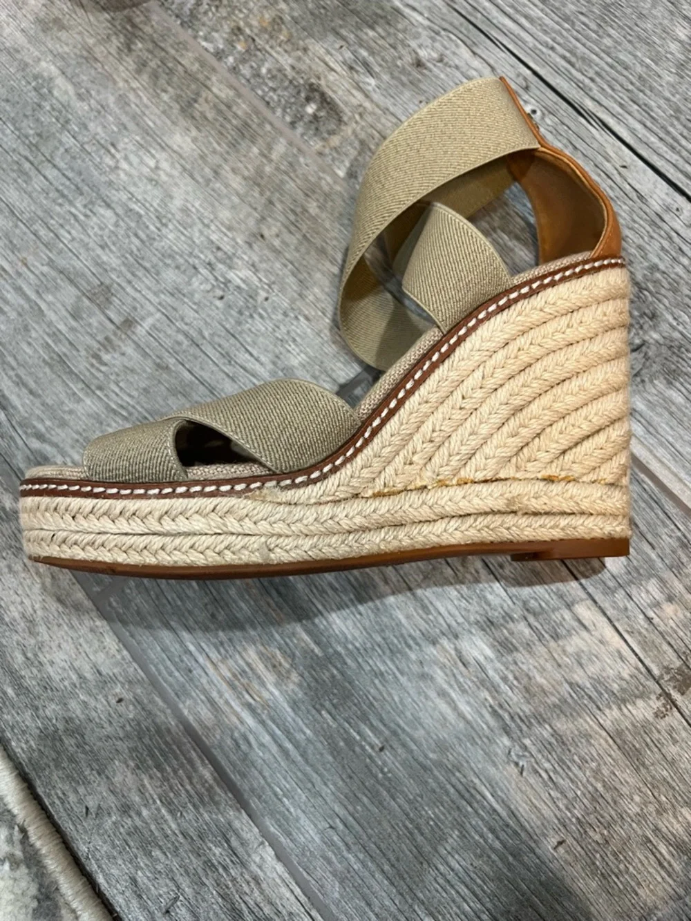 Tory Burch Frieda Platform Wedge Espadrille Beige Sandals Elastic Straps Size 7 - Picture 7 of 9
